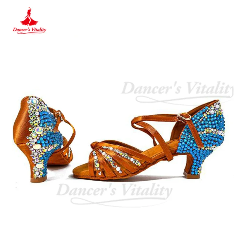 

Dance Shoes Mid Heel Black Latin Shoes with Diamond Embedding Rumba Chacha Shoes Children's Women Competition Satin Modern Shoes
