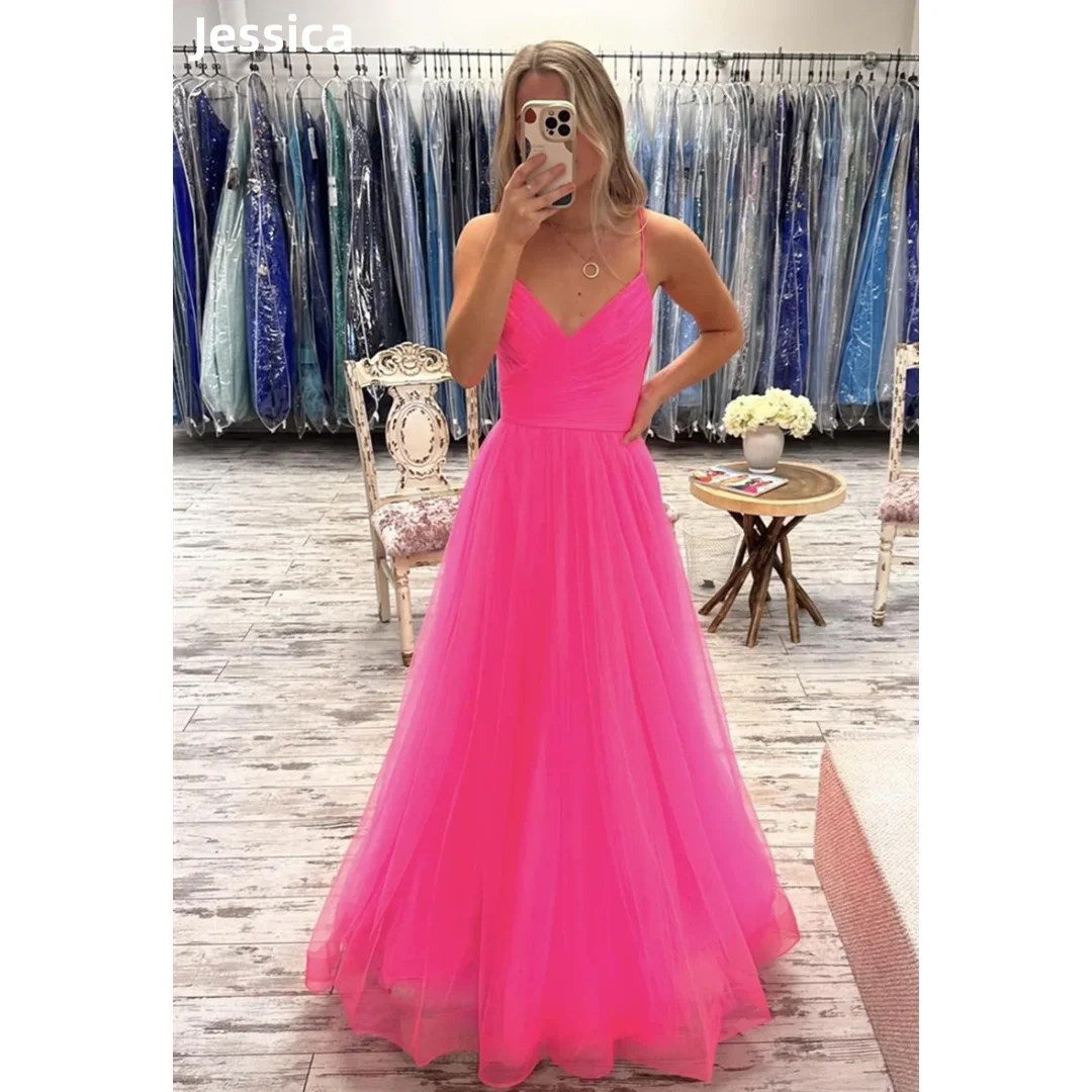 Jessica Sweetheart Hot Pink Wedding Dress Spaghetti Strap Tulle A-Shape Prom Dresses Princess Formal Vestidos De Fiesta