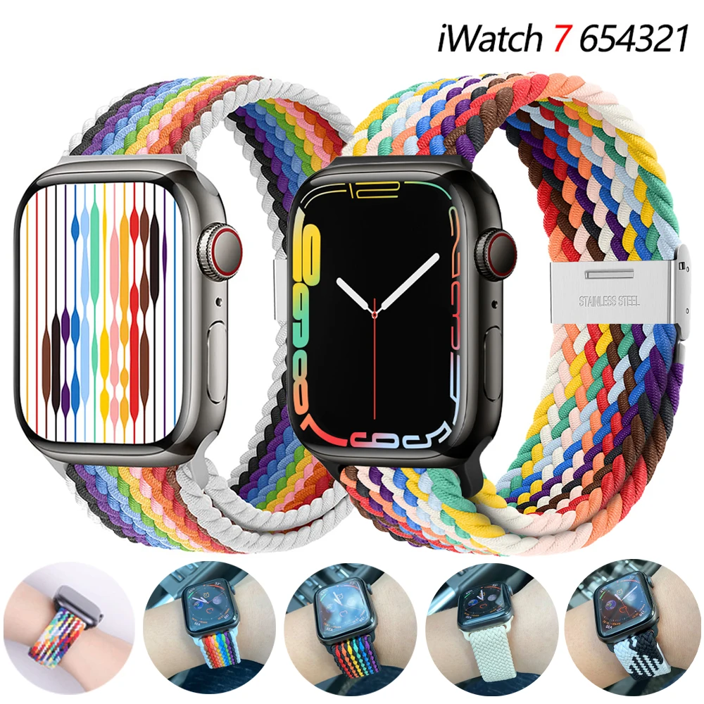 

Ремешок Плетеный Соло для Apple watch band 45 мм 44 мм 40 мм 41 мм 42 мм 38 мм, эластичный нейлоновый браслет для iWatch Series 3 4 5 se 6 7
