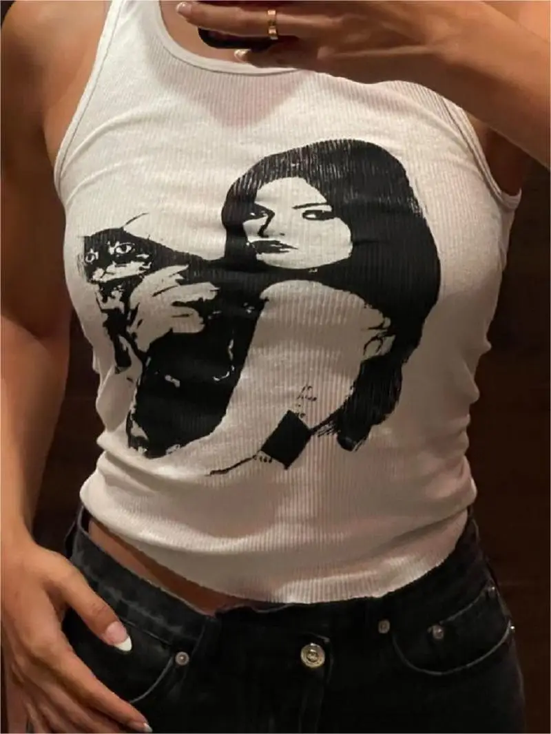 Vintage Cute Portrait Print Top Tank Top Y2K Kawaii Vintage Punk Street Sexy Top Tank Top Street Fashion Women's Top EMO