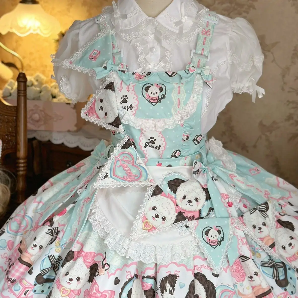 Original Design Cute Lolita Short Puff Sleeve OP Dress Women Vintage Kawaii Cartoon Print Apron Tea Party Princess Dress