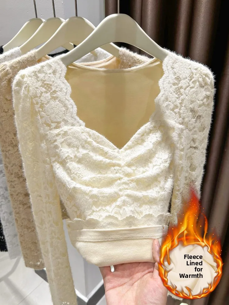 

Женская утепленная блузка с кружевной отделкой и воротником, длинный рукав, корейский стиль, для офиса и повседневной носки, однотонная, больших размеров