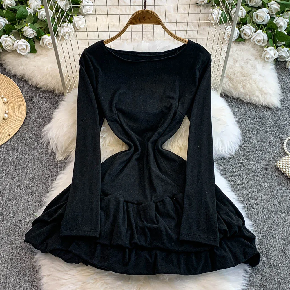 Vestido feminino linha a, cor sólida, primavera outono, elegante, temperamento, gola redonda, manga comprida, vestidos em camadas, roupa de escritório