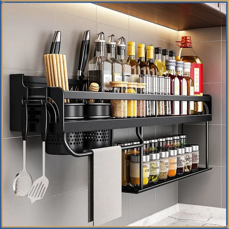 

Kitchen Shelf Wall-Mounted Spice Storage Racks Kitchen Knife Holder Seasoning Shelf Organizer Punch-Free