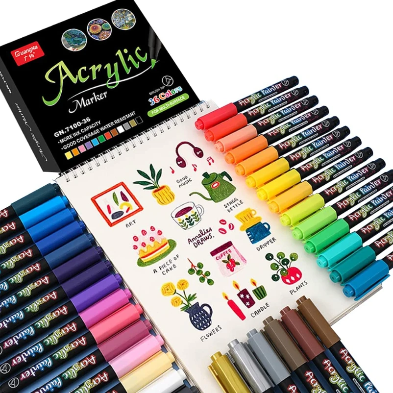 12/24/36 Colors Brush Tip Acrylic Paint Pens, Paint Markers for Lettering and Creative Painting, Rocks, Mugs, Ceramic, Glass