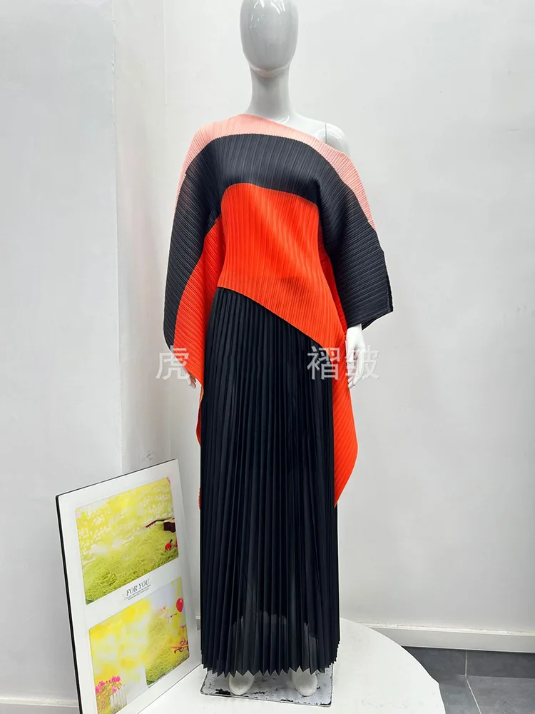

EGRM Miyake Women's Two-piece Set Colour Blocking Patchwork Pleated Irregular Top + Elastic Waist Wide Leg Pants Sets 9R1703