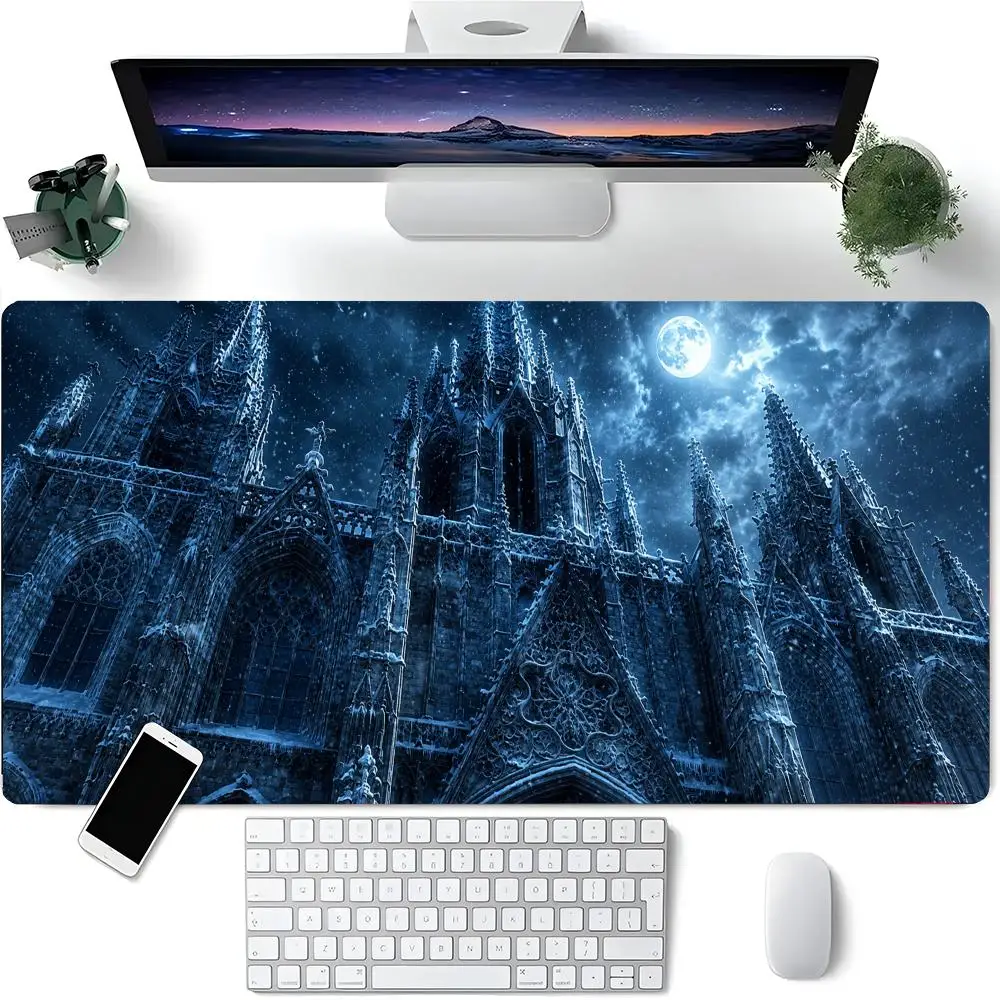 Dark Blue Snow Gothic Cathedral Moonlight Winter Fantasy Extended Gaming Mouse Pad Smooth Anti Slip Base