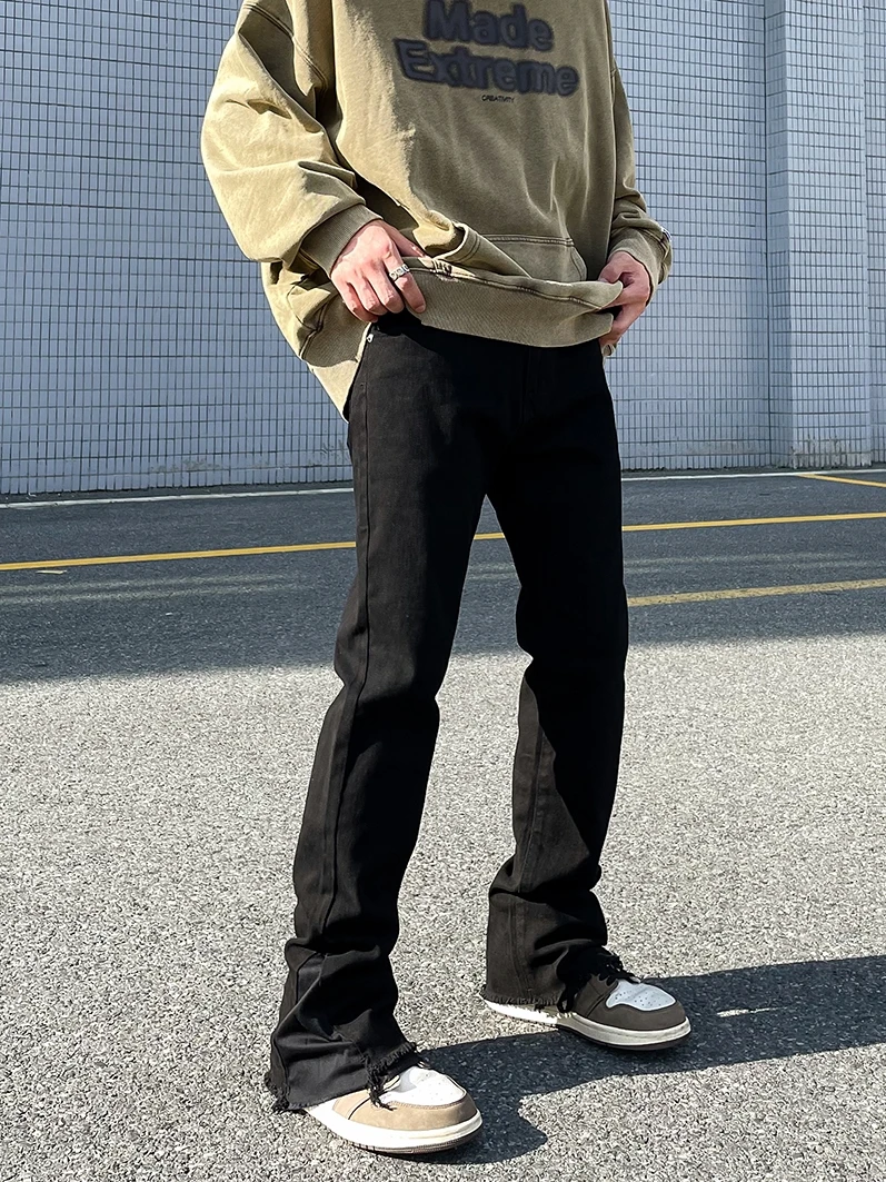 

Black Bell Bottom Basic Style Men's Jeans Trendy Straight Leg Long Trousers American High Street Vibe Fashion Youth Popular