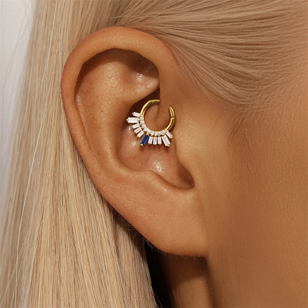 CANNER 1Pc 925 Silver Rectangular Single Row Zircon Hoop Earrings For Women 18K Gold Smooth Fried Dough Twists Horn Nose Ring