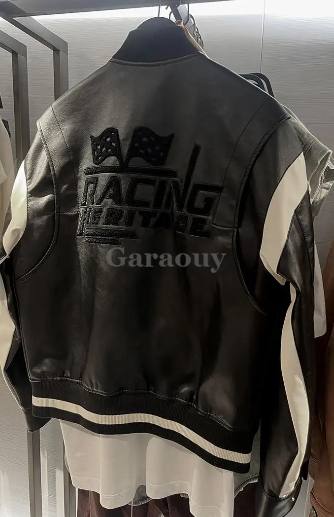 Garaouy 2023 Autumn Winter Men Vintage Embroidery Faux Leather Baseball Jacket Male Street Contrast Zipper Pu Coat Loose Outwear