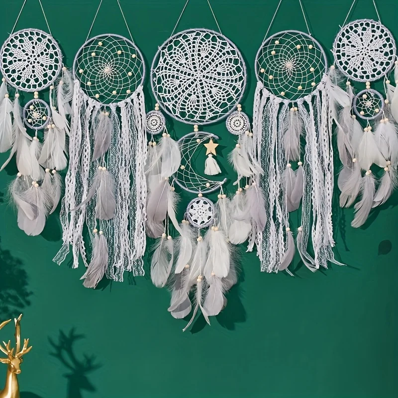 5pcs Large Boho Dreamcatcher Hanging Decoration - Portable, Feathered, Metal Crafted, Room Wall Hanging, Bedroom Decor