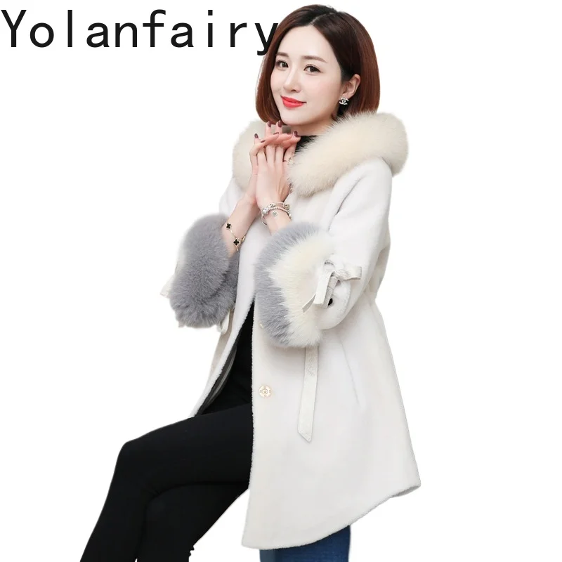 Yolanfairy Echte Wollen Kleding Voor Vrouwen Bont Overtreft Dames Casual Winter Mid-Long Shearling Coat Fox Collar Hooded Jassen Nieuw