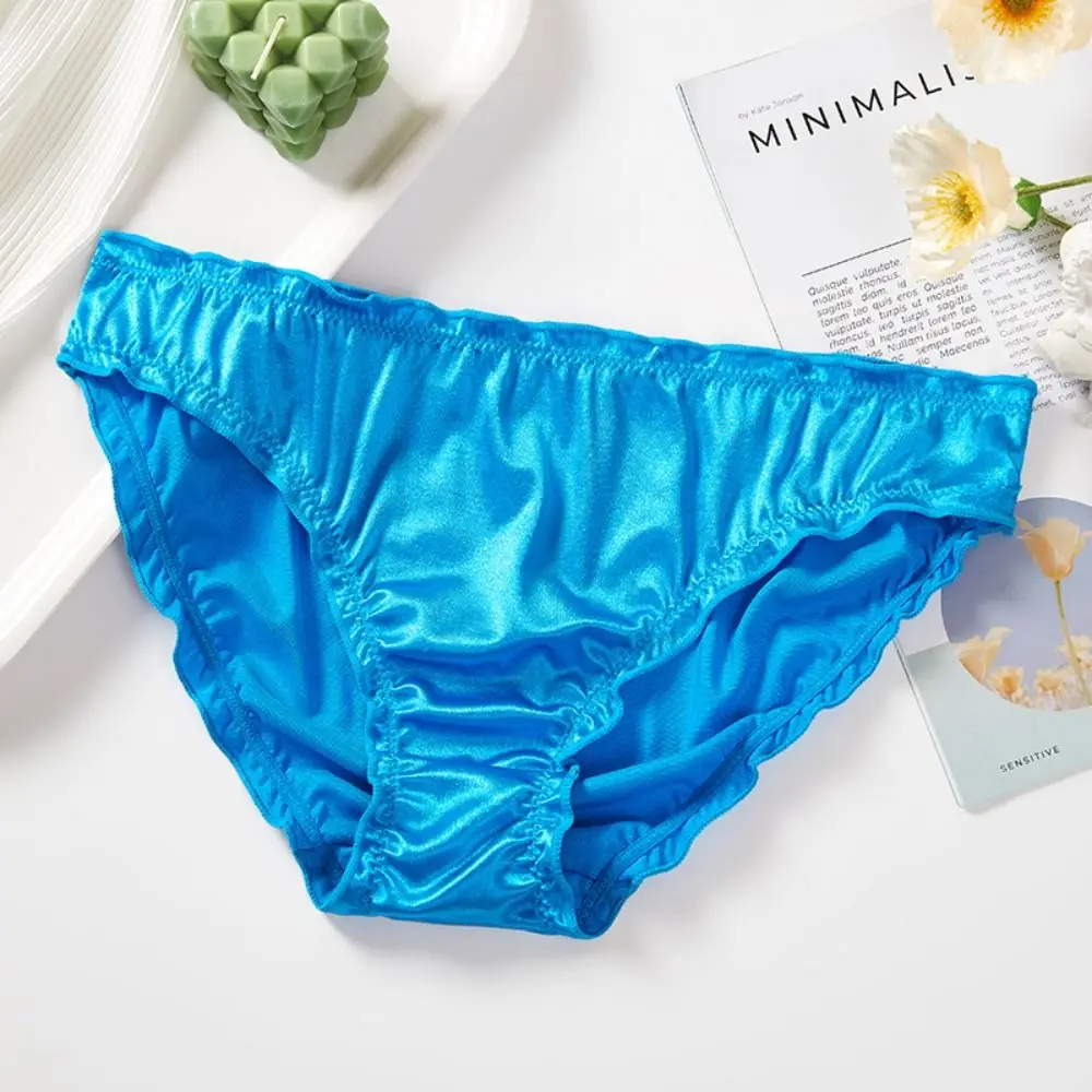 Simple Low Waist Satin Silk Panties Solid Color Thin Ruffles Briefs Underwear Women Lingeries Women\'s Panties Girl