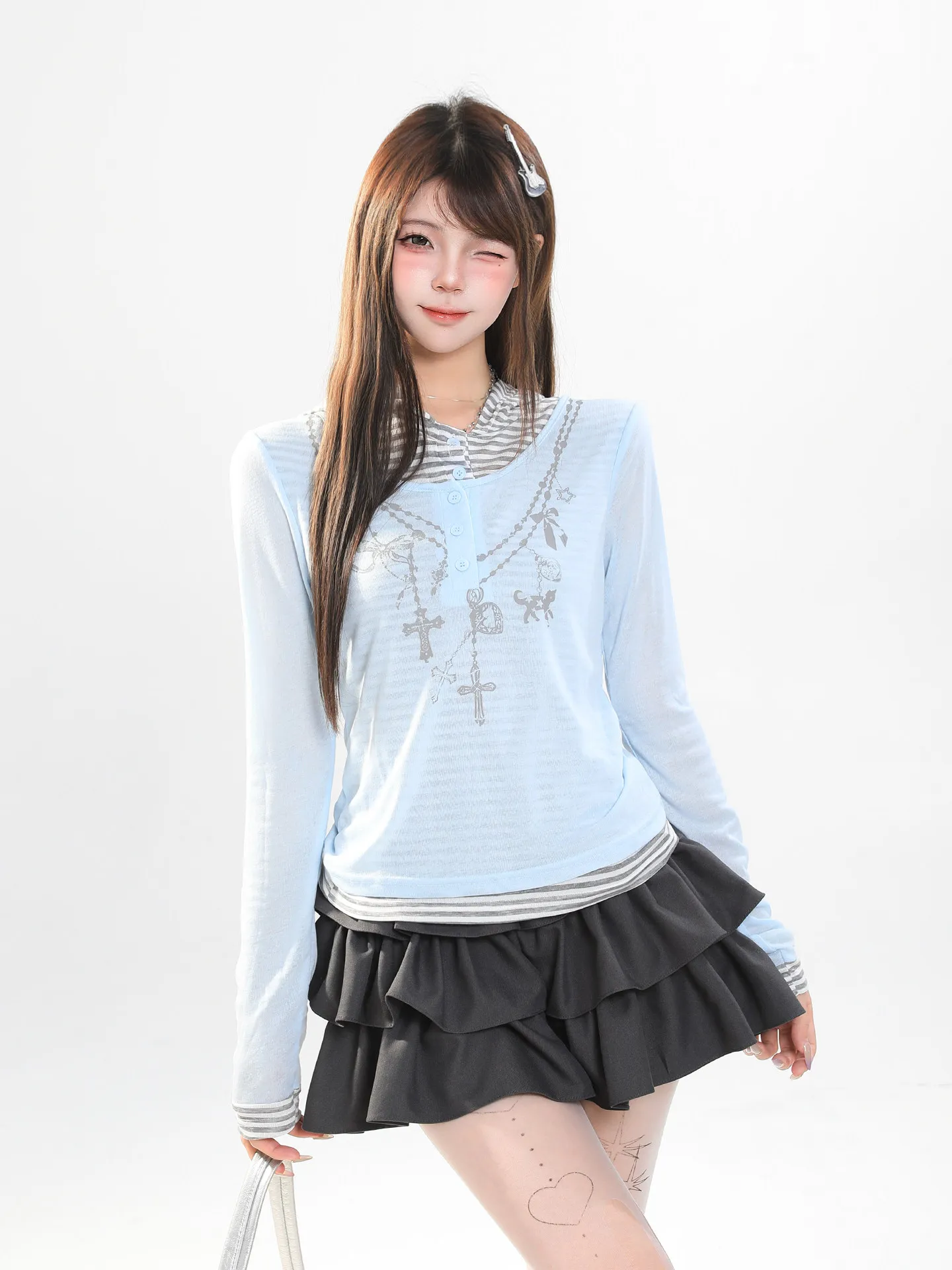 Korean Style Long Sleeve T-Shirt Women's Spring Casual Striped round Neck Slimming Beautiful Top Color Block Letter Print