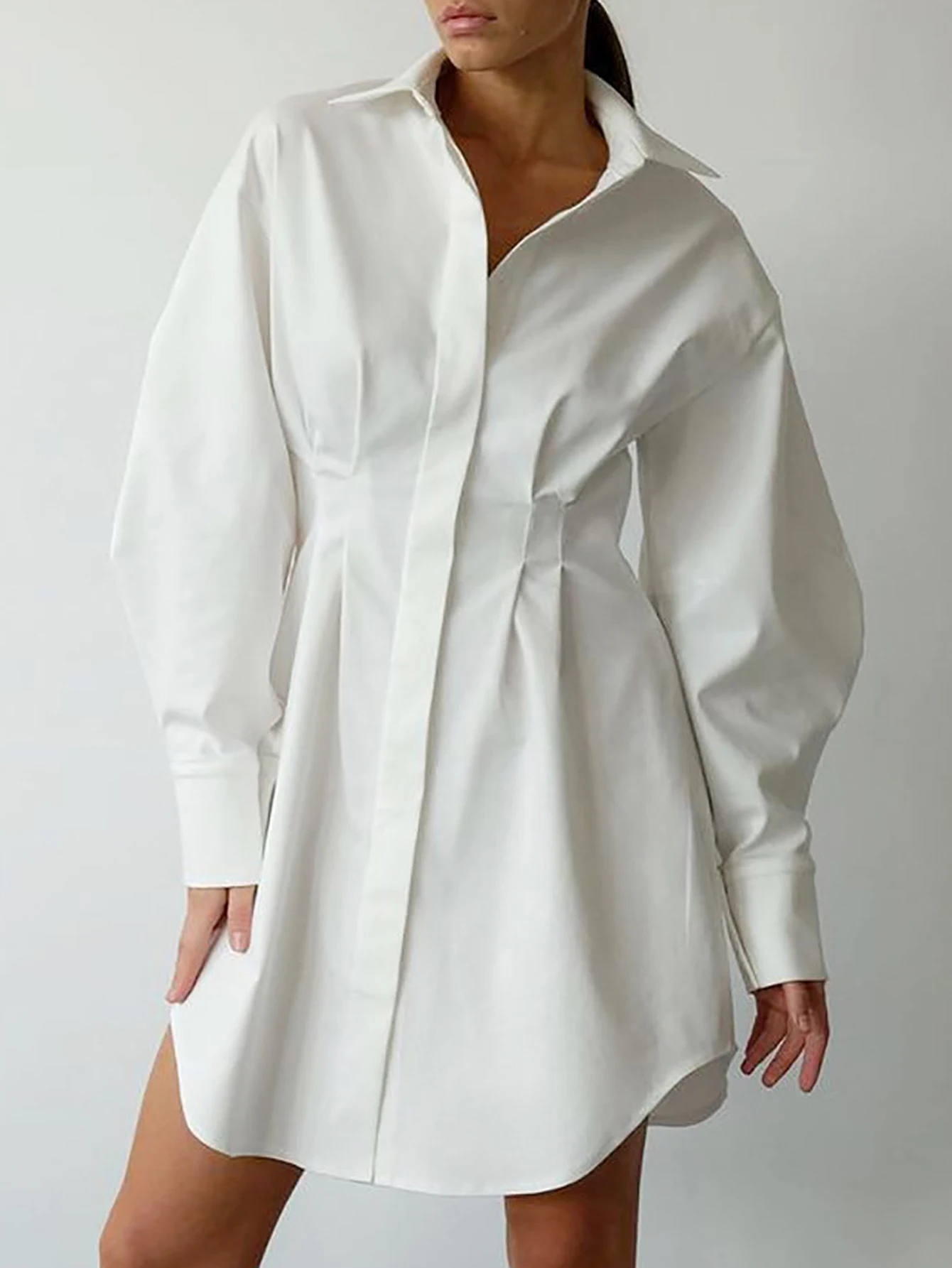 Abito autunnale da donna Semplice tinta unita a maniche lunghe Colletto a camicia Vita stretta A-Line Mini Office Lady Style per l'autunno