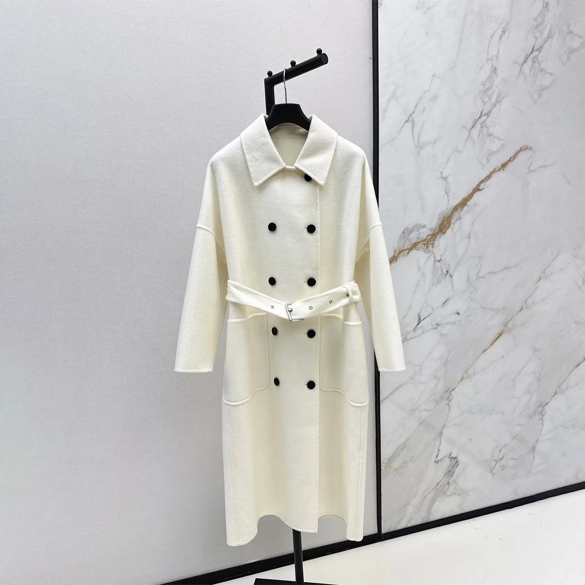 2026 High quality women's lapel double breasted waist belt mid length woolen coat--hb803