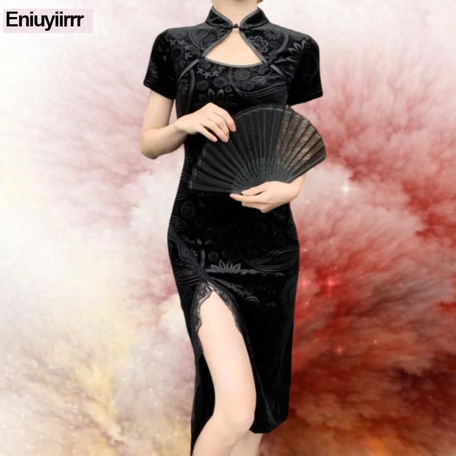 Little Black Dresses New Design French Style Women Flower Lace Elegant Party Sexy Cheongsam Chi-Pao Pencil Bodycon Dress