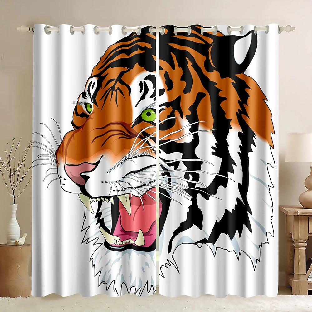 Animal Window Curtains,Wildlife Tiger Cartoon Image Black Background,Tiger Illustrations Colorful Wild Animal Blackout Curtains