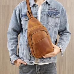 Crazy Horse Leather Man‘s Chest Bag Genuine Leather Sling Bag For Men Sports Riding Chest Pack Crossbody Bags casual travel bag