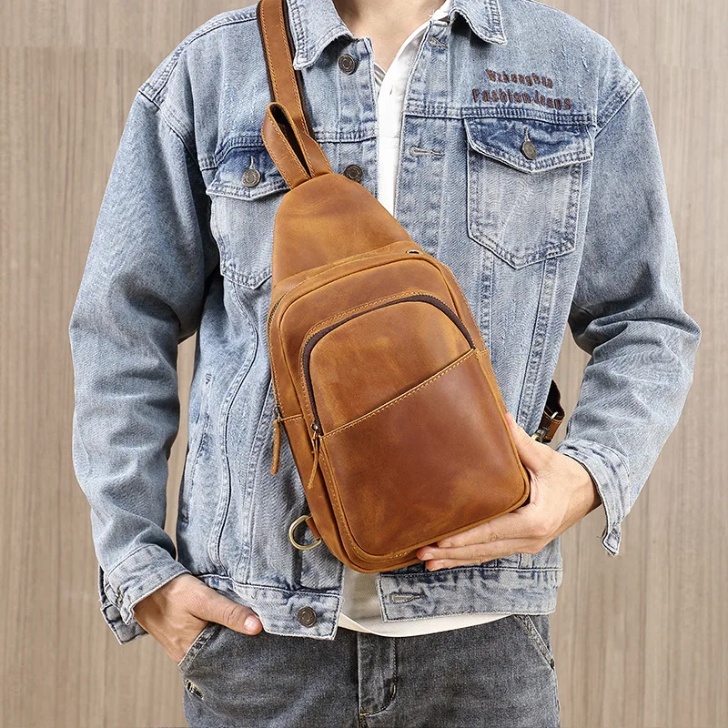 Torba męska na klatkę piersiową z skóry Crazy Horse, skórzana torba sling dla mężczyzn, sportowa torba na klatkę piersiową do jazdy konnej, torba crossbody, torba podróżna na co dzień.