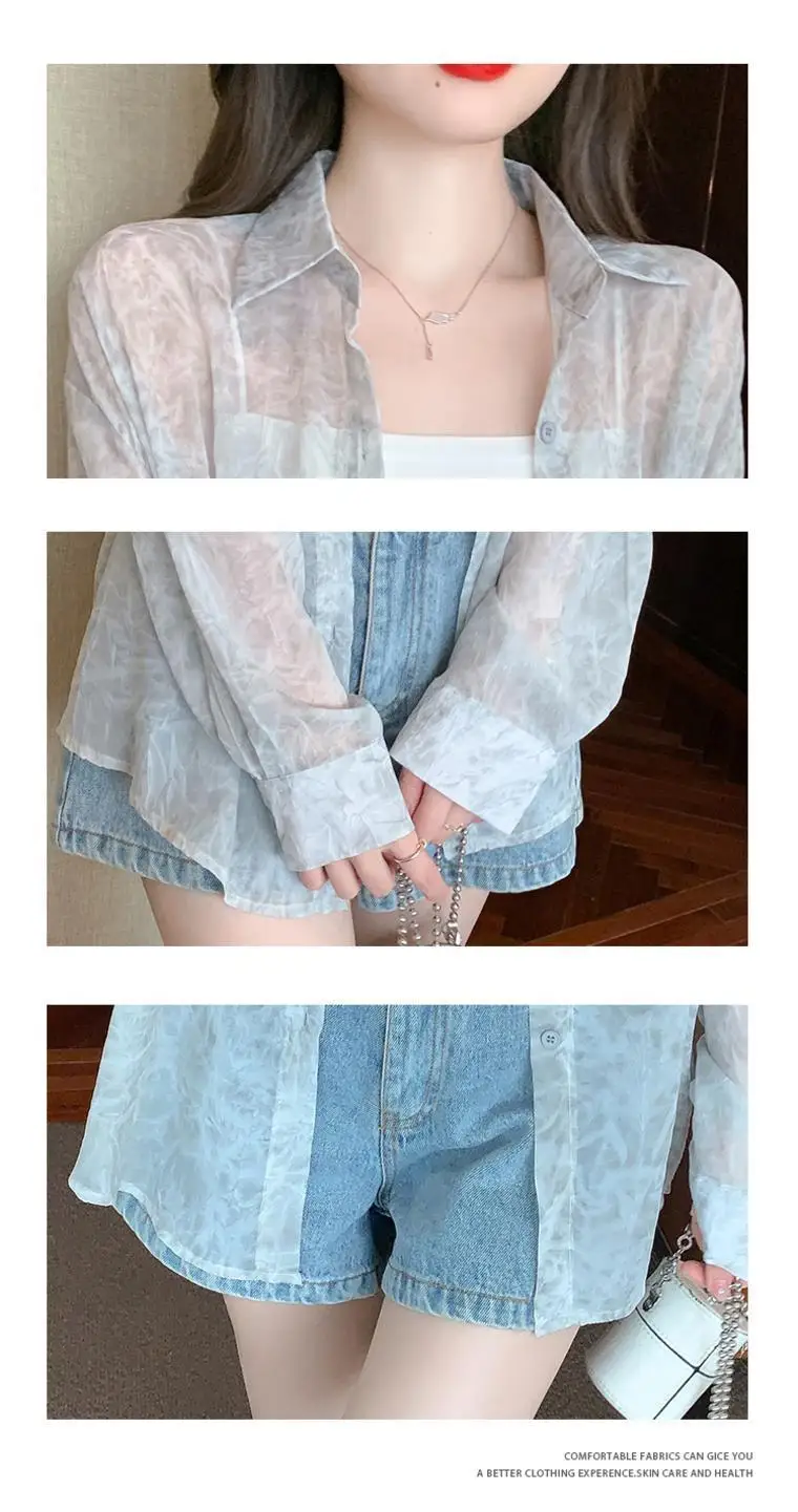 Design Sense Ink Retro Misto Protezione solare Camicia Cappotto Top in seta ghiacciata alla moda da donna