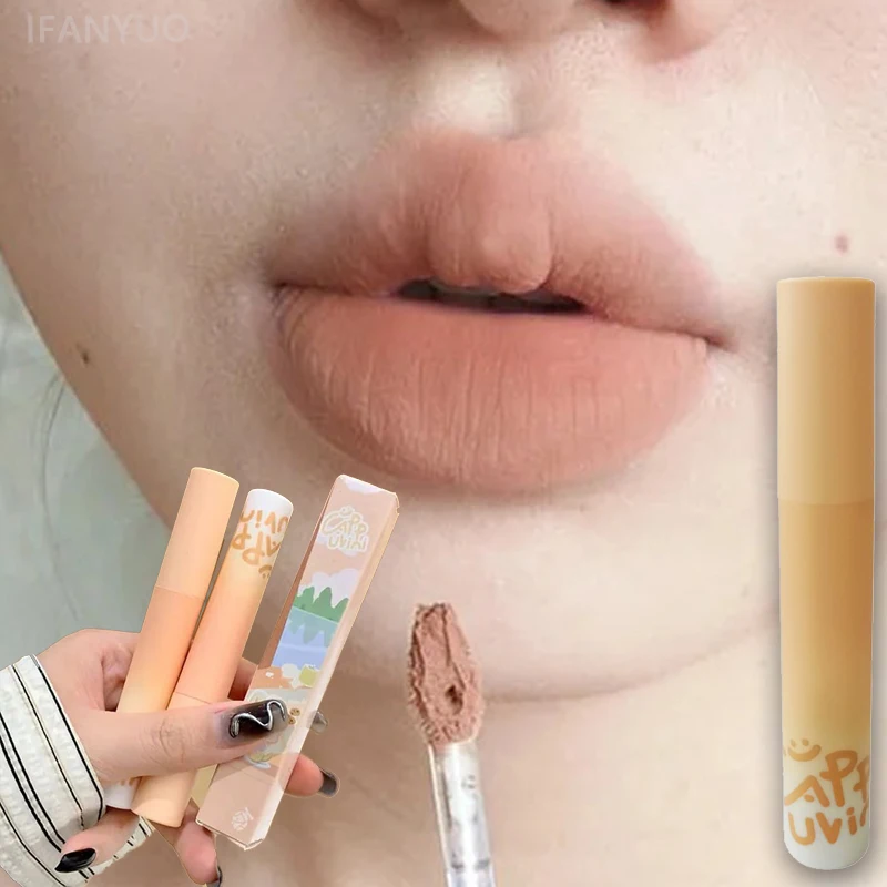 Kürbis-Aprikosen Lip Mud Matte Velvet Lippencreme mit geschmeidiger Textur, Lippenstift-Overlay, Grundierung, Farbton Rose Pink Orange, Lipgloss-Tint Make-up