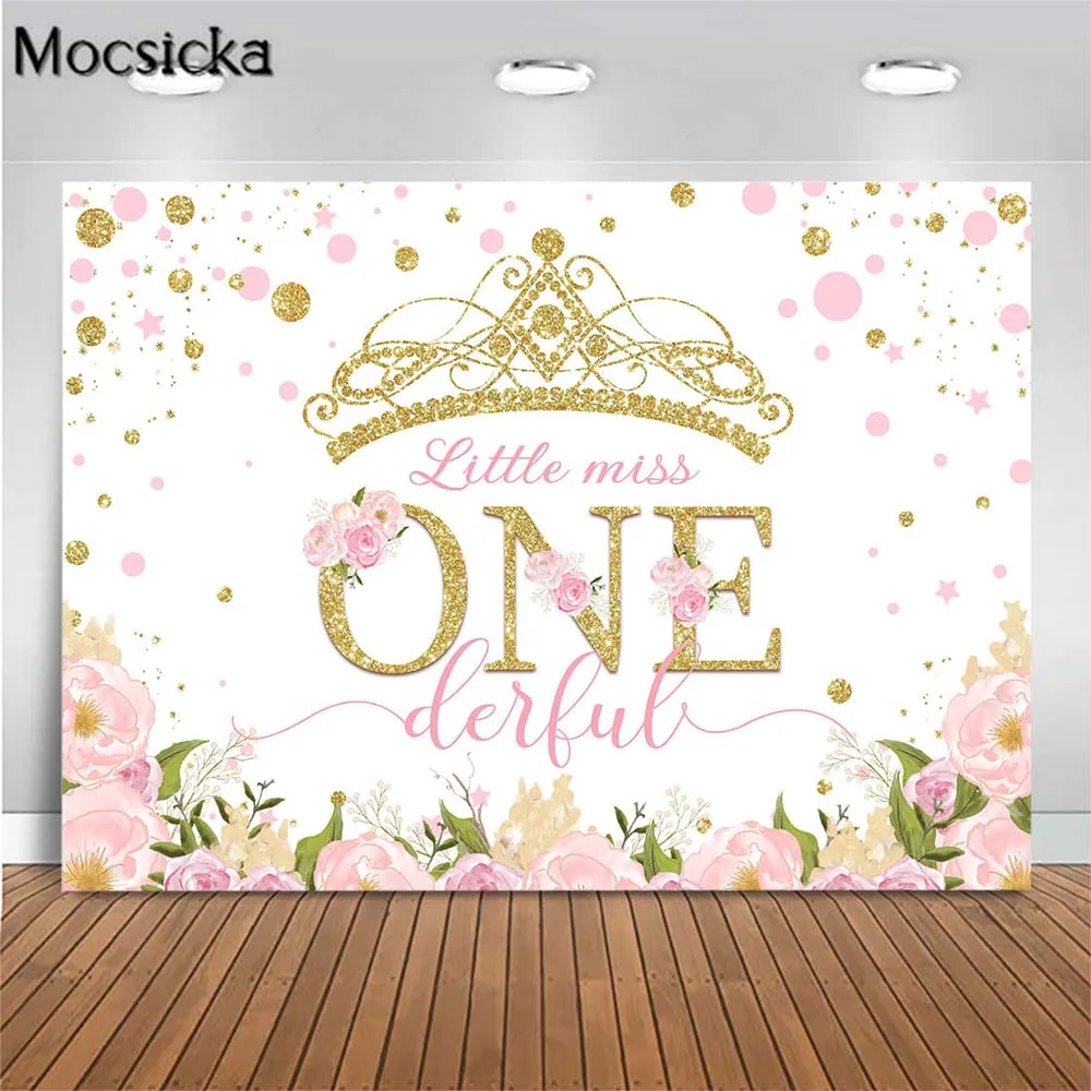 

Mocsicka Little Miss 1st Birthday Party Photo Background Gold Crown Dots Pink Flower Photography Backdrop for Studio Photo Shoot