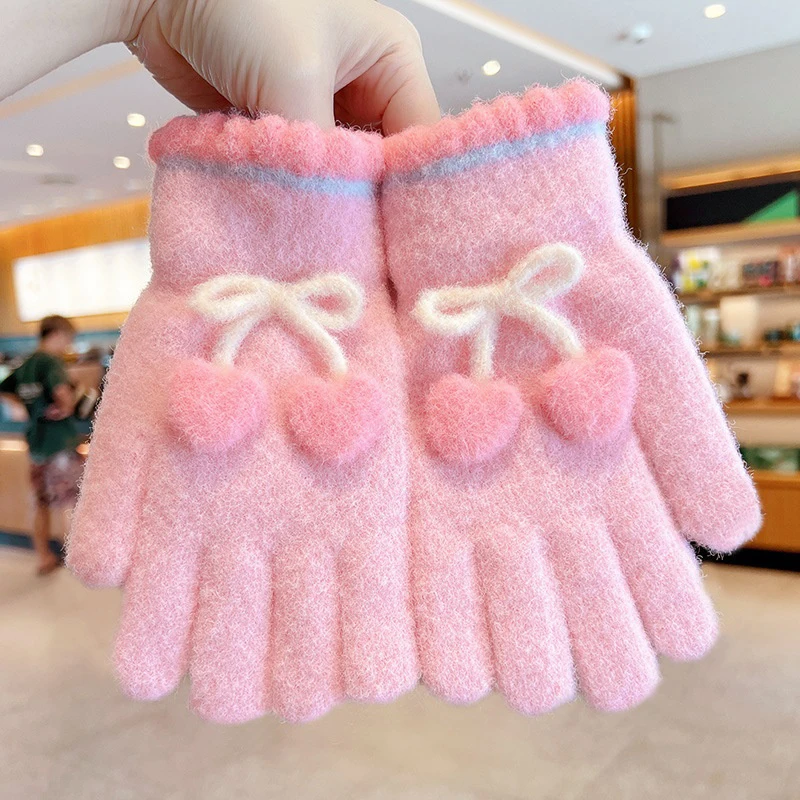 6-12 سنة الكورية الحلو الكرز الحب الأطفال الدافئة قفازات كاملة الأصابع الشتاء يندبروف رشاقته الفتيان الفتيات طفل الدراجات القفازات