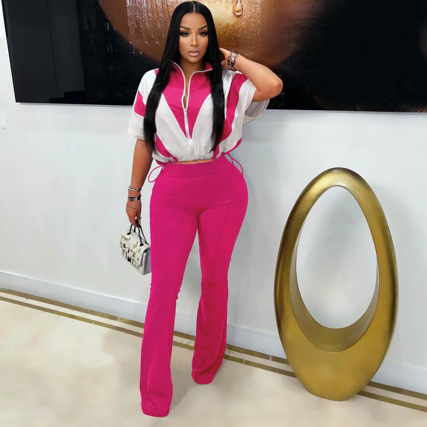 Set Celana Dua Potong Olahraga Warna Sambungan Blok Warna Pinggang Ritsleting Karet Kasual Fashion Wanita