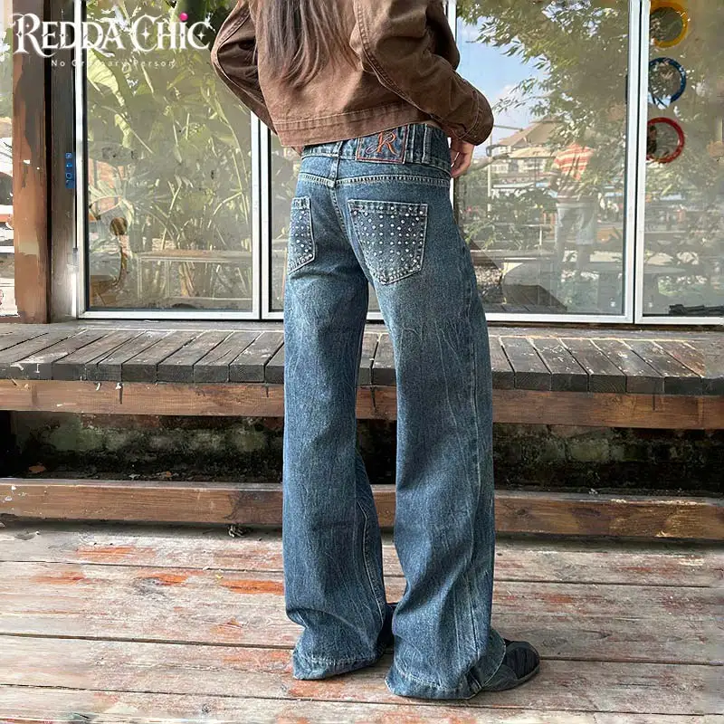 REDDACHiC Punk Studded Pocket Straight Jeans Retro Distressed Low Waist Double-button Baggy Denim Pants Y2K Woman Streetwear