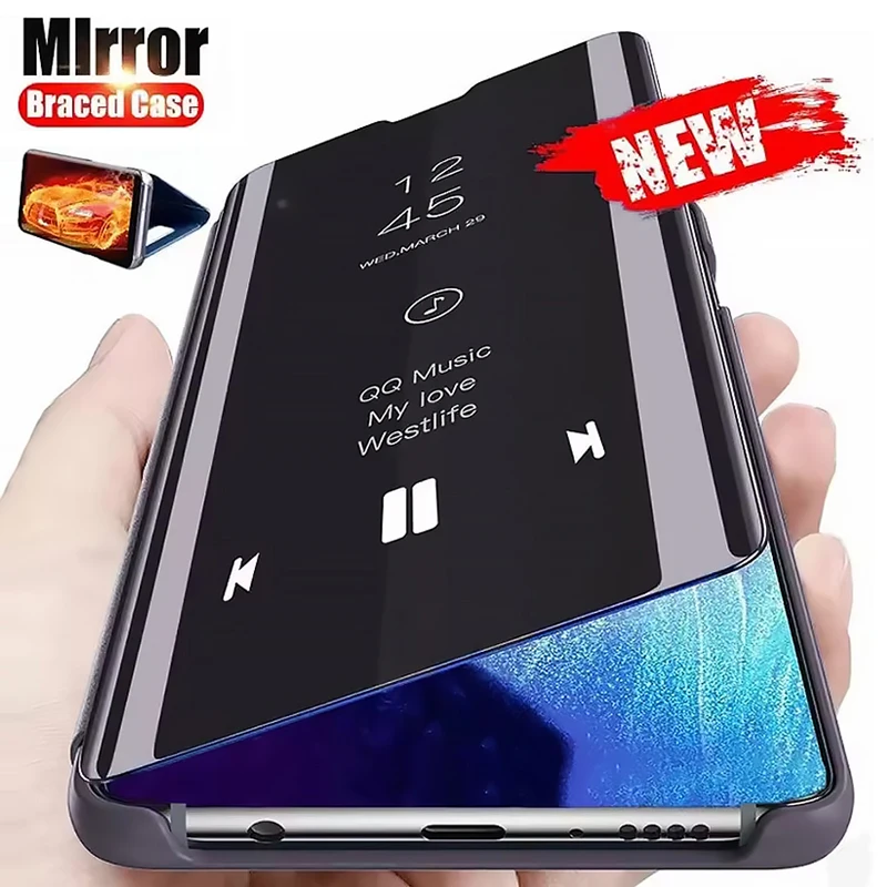 Smart Clear View Mirror Flip Case for Samsung S25 Edge S24 Ultra S23 FE S22 A26 A36 A56 A55 A35 A54 PU Leather Shockproof Cover
