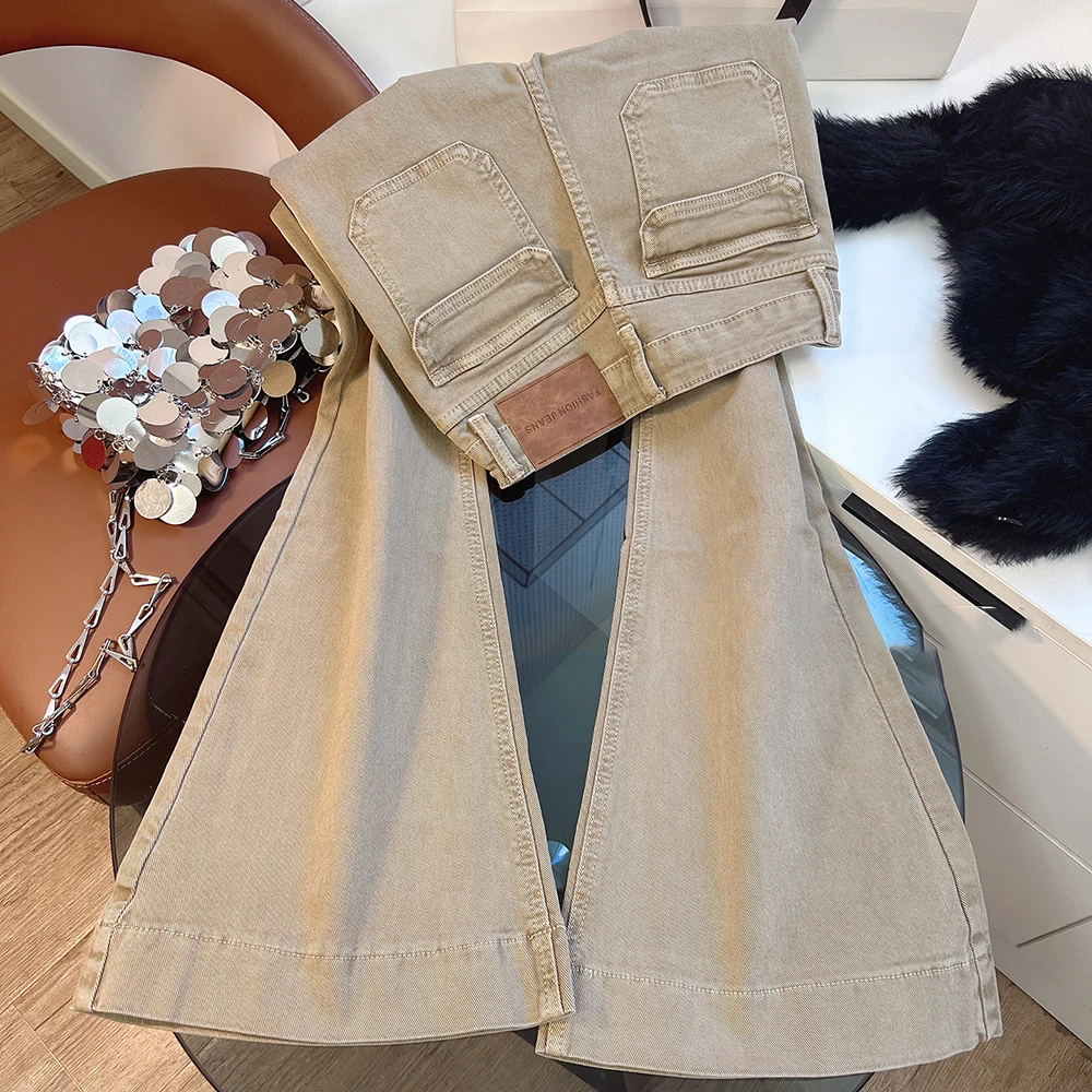 

Женские узкие расклешенные джинсы цвета хаки в стиле ретро, новинка 2023 года, джинсовые брюки с карманами и высокой талией, узкие джинсовые брюки