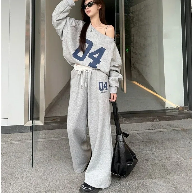 

Женский весенне-осенний спортивный стиль, два способа ношения, толстовки, широкие брюки, костюм из 1 или 2 предметов, серый комплект брюк с открытыми плечами
