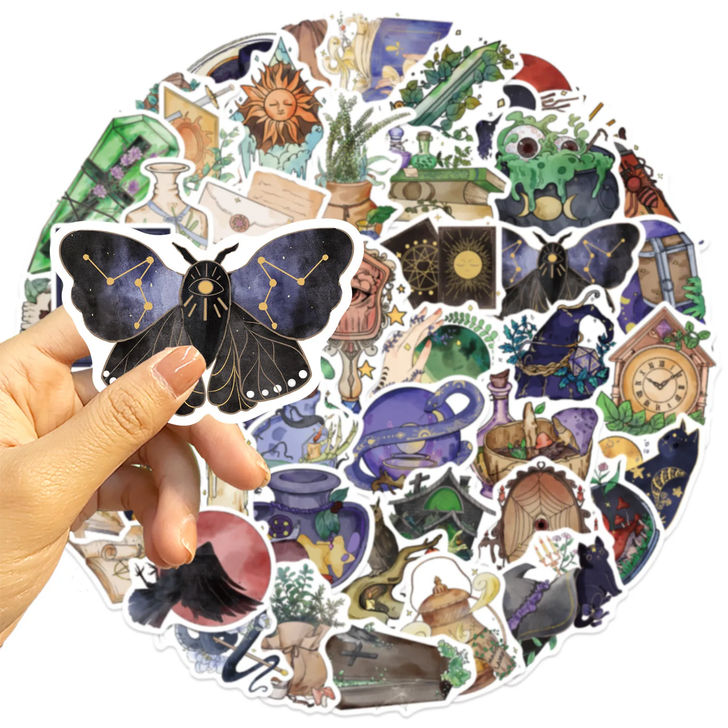 Autocollants de dessin animé de sorcière aquarelle, 50 pièces, imperméable, Graffiti magique noir, décoration, carnet de notes, tasse d'eau Mobile, téléphone, jouets de vélo