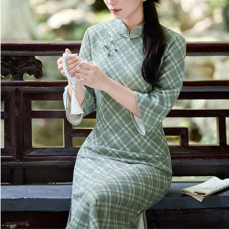 Green Plaid Women Qipao Elegant Mandarin Collar Cheongsam Three Quarter Sleeve Chinese Style Dress Daily Outwear Vestidos