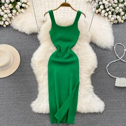 Sexy bez rękawów Bodycon dzianiny podział sukienka na ramiączkach Chic elastyczna szczupła moda letnia sukienka imprezowa kobiety hotsweet elegancki ołówek Vestidos