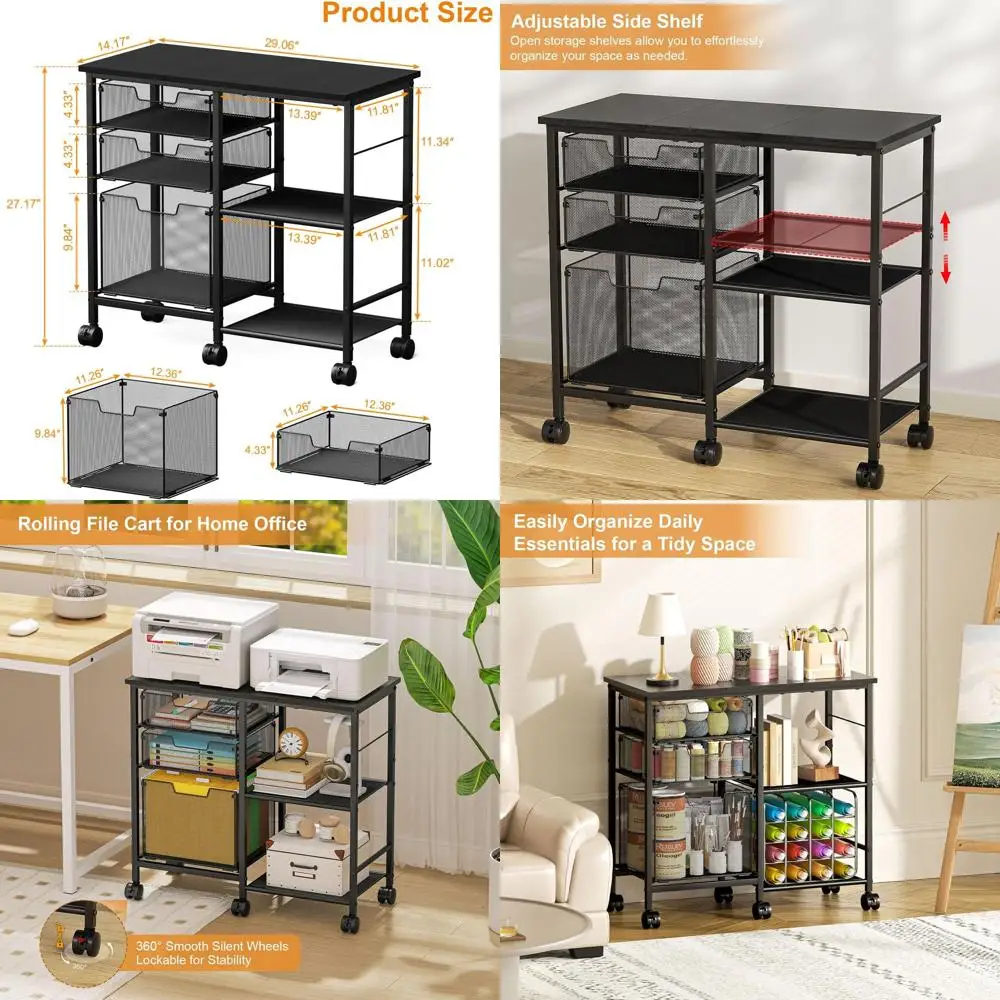 

3 Drawers Rolling File Cabinet with Open Storage Shelf, Under Desk Storage, Hanging File Folder Organizer with Wheels, Mobile Pr