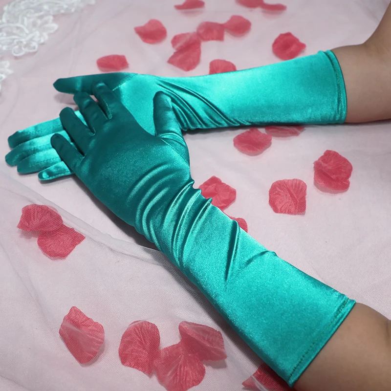 Green Teal Stretchy Shiny Satin Tea Gloves Prom Evening Party Wedding Bridal Charm Gloves Full Finger Long Women\'s Gloves