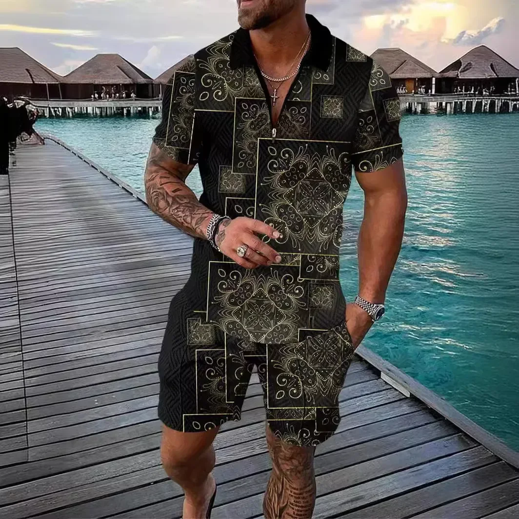 

New Men Shorts Two Piece Sets Print Turn Down Collar Zipper Polo Shirt Tops Short Pants Elastic Waist Casual Loose Pant Set