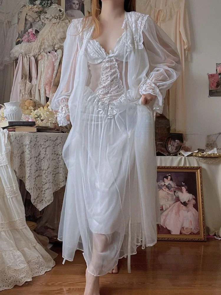 White Robe Gown Sets Women Elegant Breathable Home Lace Design Gentle Fairycore Literary Sleepwear Casual Soft French Fashion