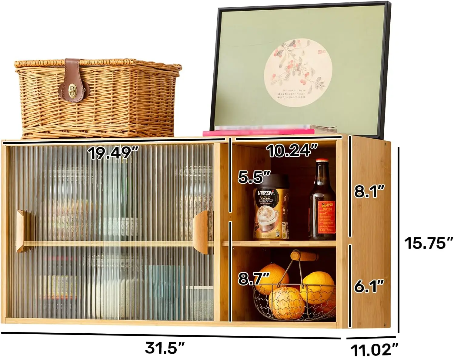 Bamboo Wall Mounted Kitchen Pantry Sideboard with 2 Sliding Door, Freestanding Wall Storage Cabinet with Shelf for Bottle