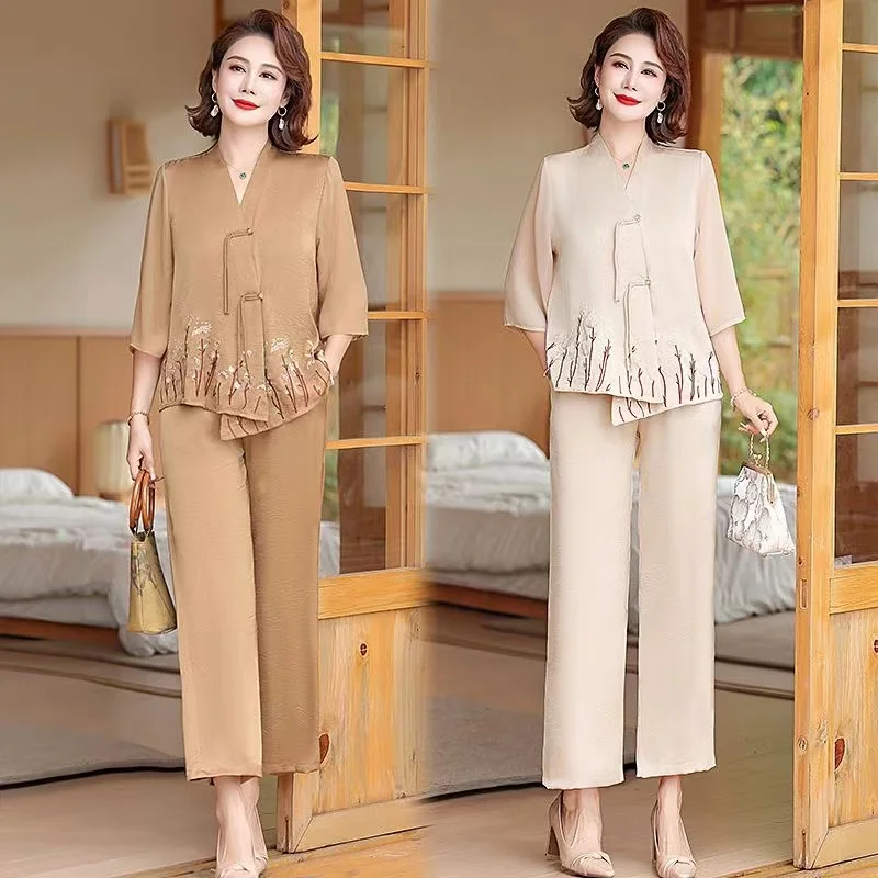 

Middle-aged Summer National Style Chiffon Suit Women's 2024 New Cropped Sleeve Top Pants Suit Lady Elegant Two-piece Suit 5XL