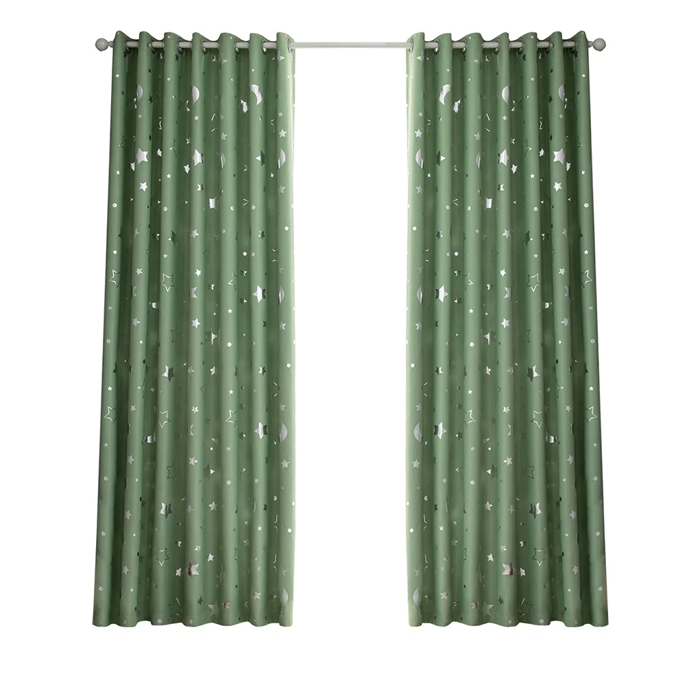 Cortina de ventana de moda Simple, estrellas plateadas, Luna, aislamiento térmico opaco, 100x130cm, verde, suave, sedoso, térmico agradable para la piel
