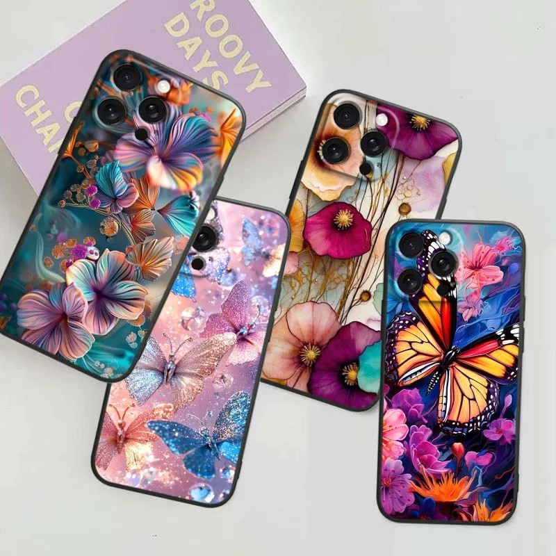 

Butterfly flower pattern Phone Case For Apple iPhone 17 16 16E 15 14 13 12 11 Pro Max Plus Black Soft Silicone