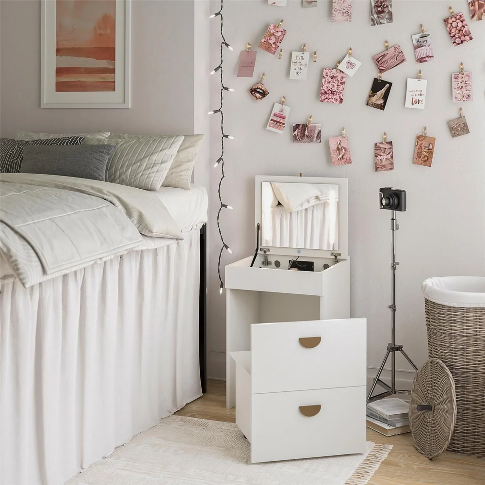 Compact 3-in-1 Vanity Desk with Mirror USB Charging Station Hidden Storage Stool Perfect Makeup and Study