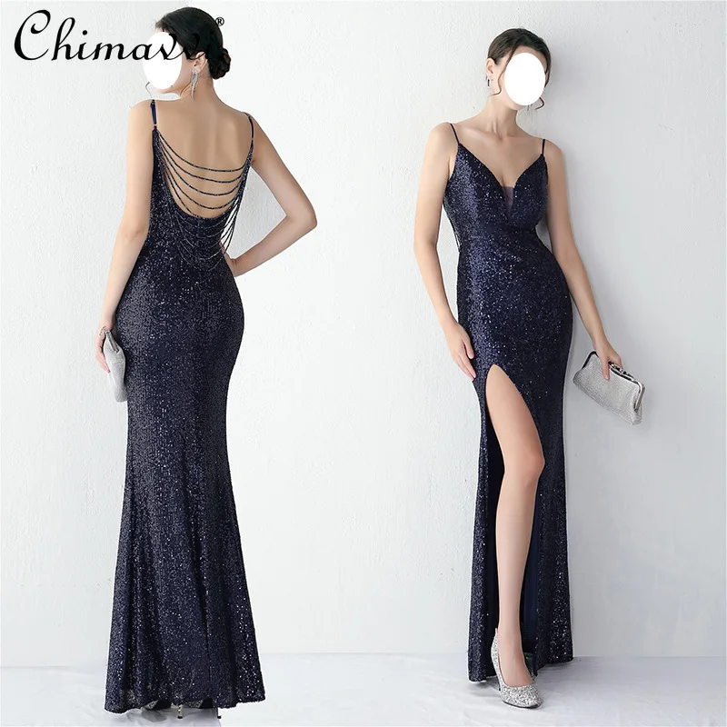 

Elegant Sequin Sling Evening Dress Women French Sexy V-neck Beaded Chain Backless High Waist Slim Fit Fishtail Sheath Long Dress