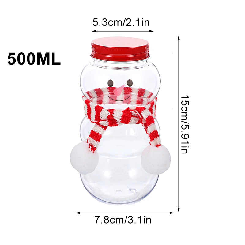 500ml Christmas Snowman Shape Bottle With Cap Scarf Transparent Juice Drink Bottle Candy Biscuit Sealed Jar New Year Party Favor