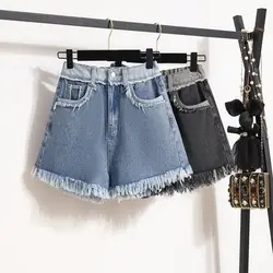 Women Summer Korean Vintage Large Size Tassel Solid Color High Waist Denim Shorts Women Clothes Casual All-match Sexy Wide Leg