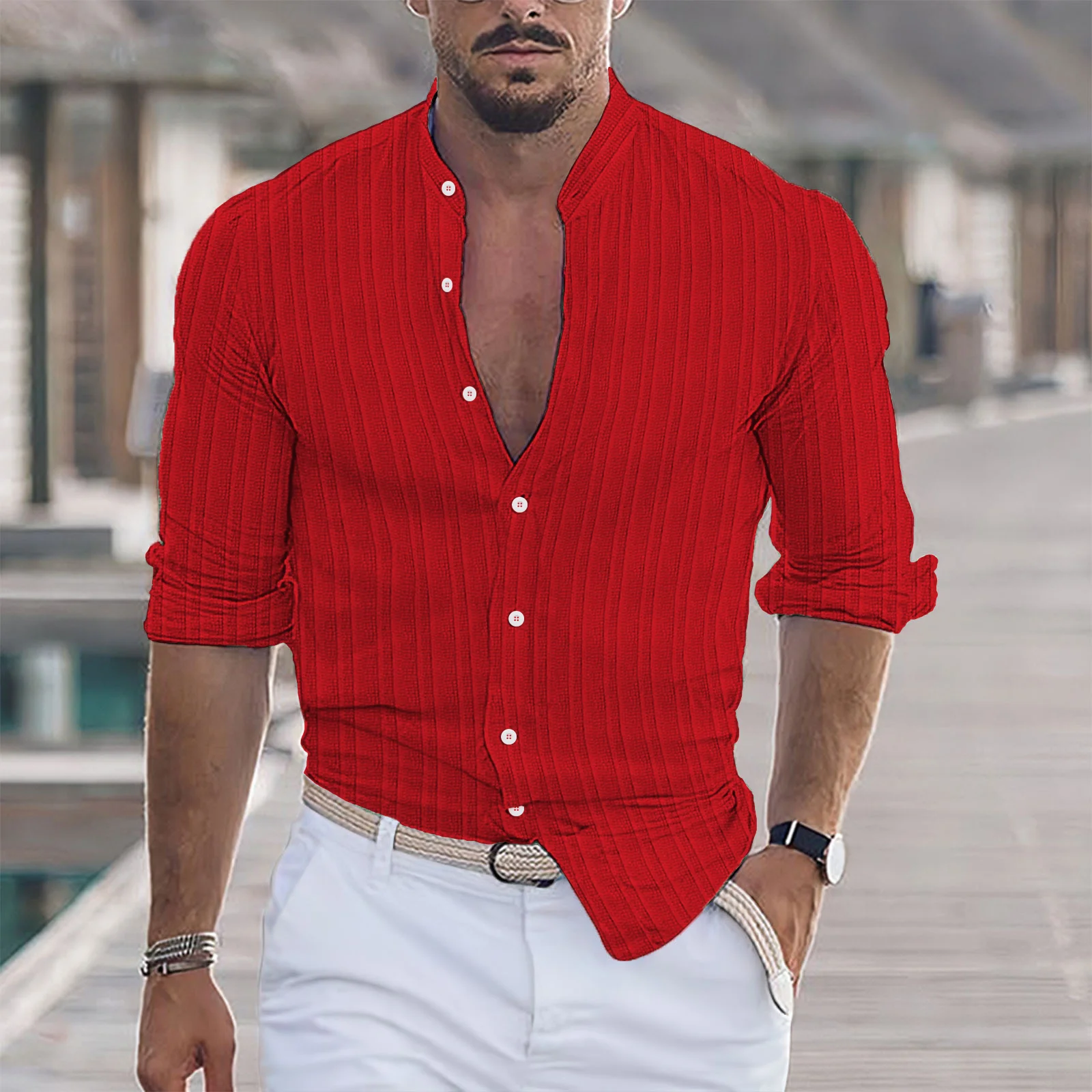 2024 Fashion Multicolour Men\'s Henry Collar Stripe Shirts Solid Color Long Sleeve Oversize Top Handsome Casual Shirt Spring Au