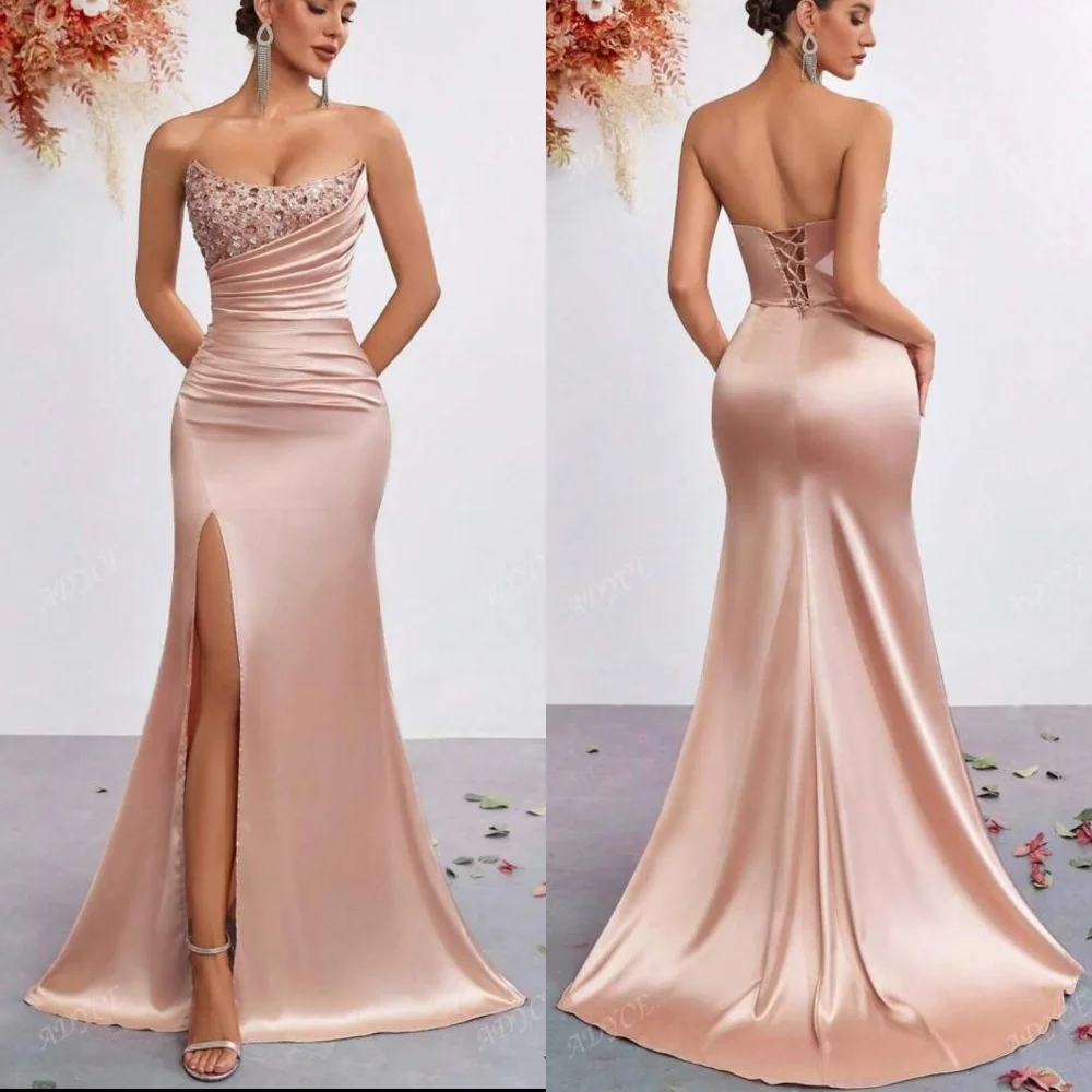 

Customized Modern Style Charmeuse Sequined Pleat Trumpet Strapless Long Dresses Bespoke Occasion Sparkle